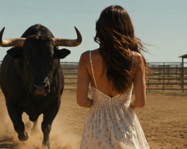 Silence Falls Over the Arena as a Young Woman Faces a Killer Bull
