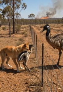 Young Emu Chick Rescued From Tense Encounter With Approaching Dog Near Fence Line